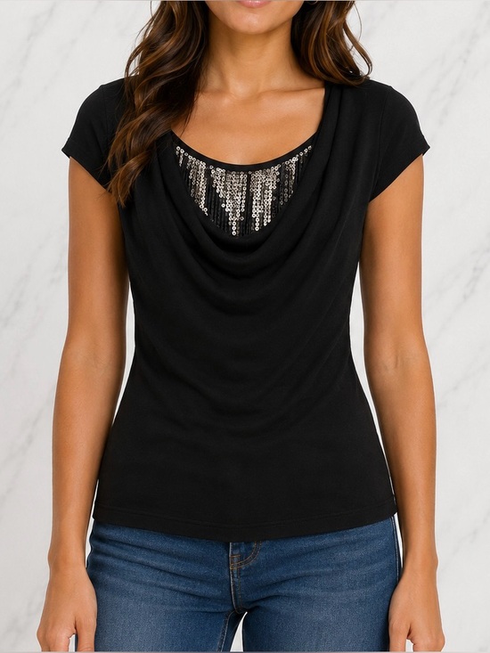 VENUS Tops - VENUS Draped Cowl Neck Sequin Accent Top Black Silver Evening Party | Small⁠